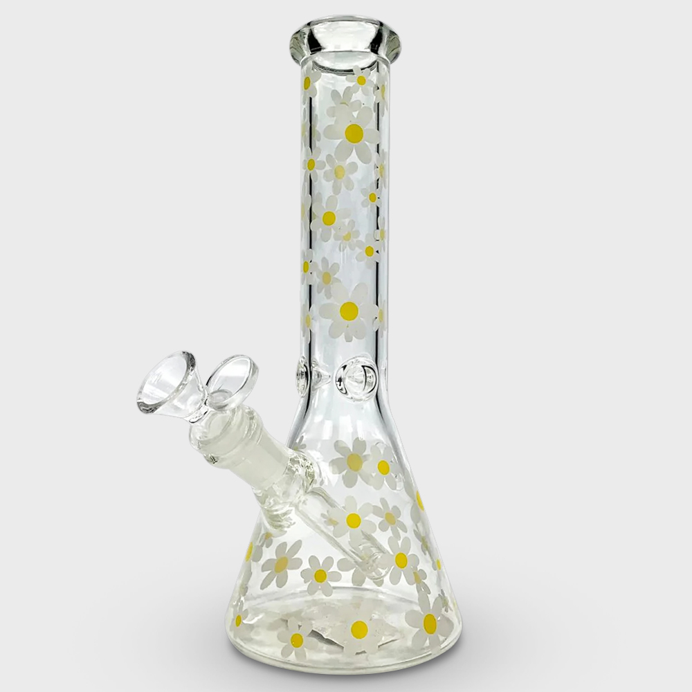 Glow in the Dark Daisy Design Beaker Glass Bong 25cm Glow in the Dark Daisy Design Beaker Glass Bong 25cm