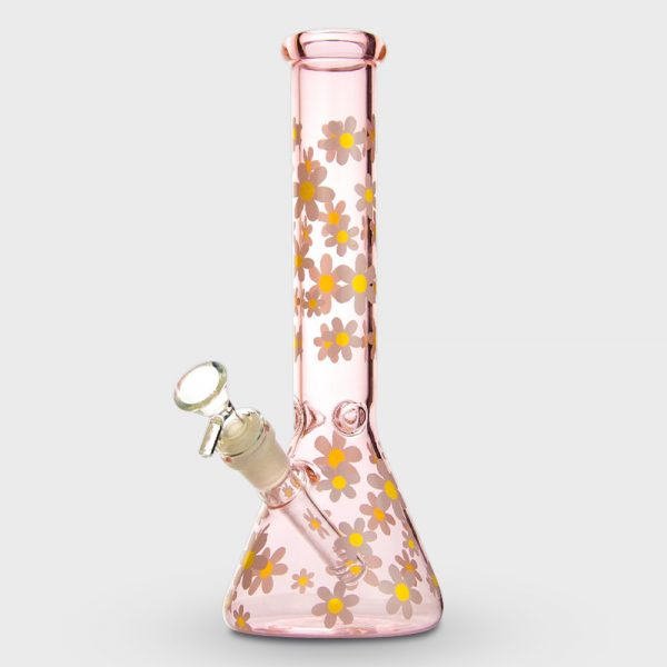 Glow in the Dark Pink Daisy Design Glass Beaker Bong 25cm